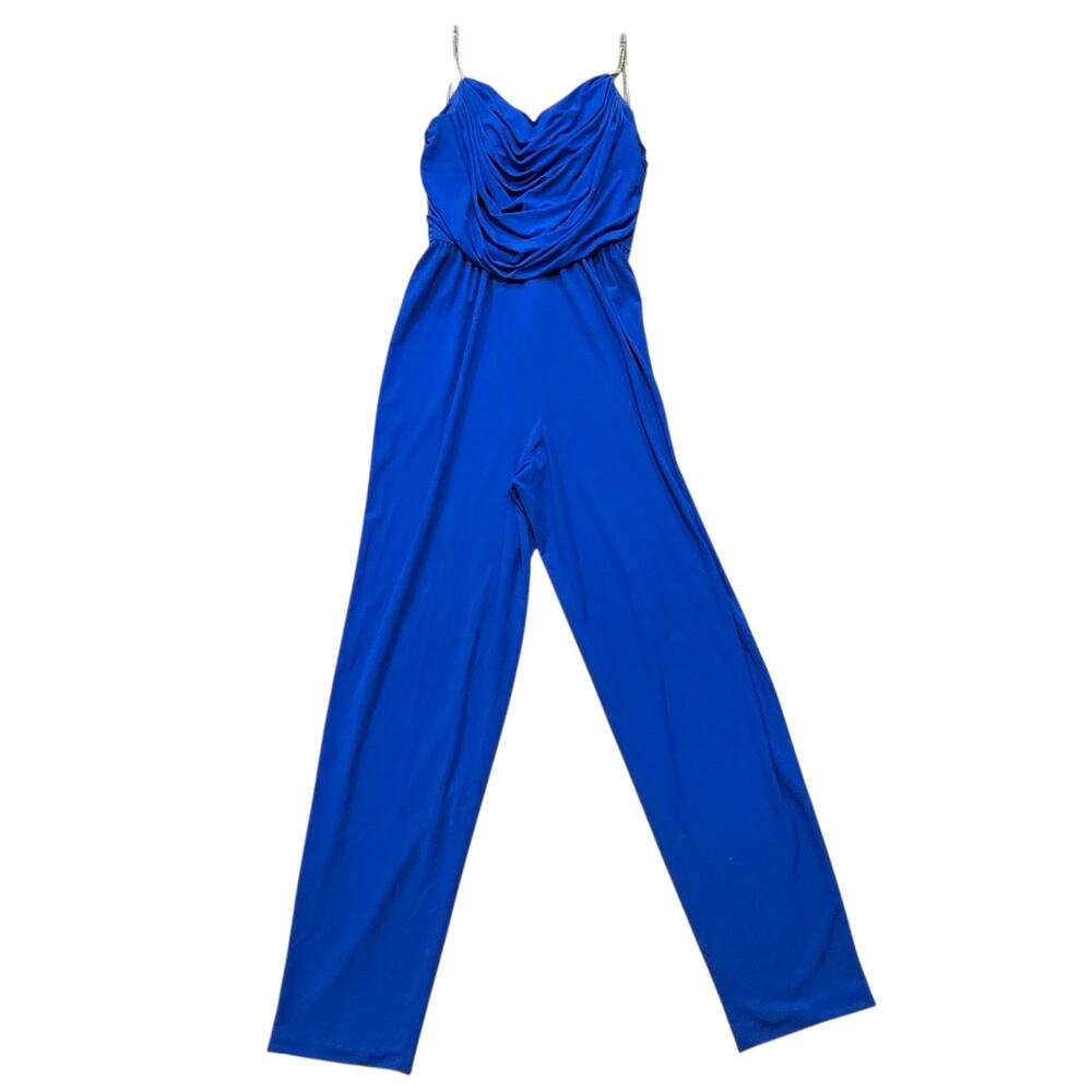 Rimini Royal Blue Silver Gem Strapped Jumper Pantsuit Draped Cowl Neckline